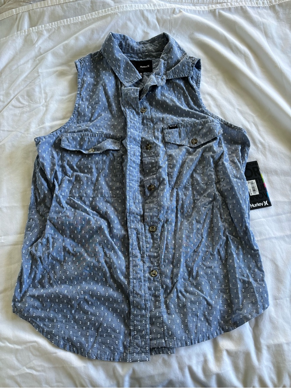 Hurley Blue Button-Front Sleeveless Dot-Print Shirt